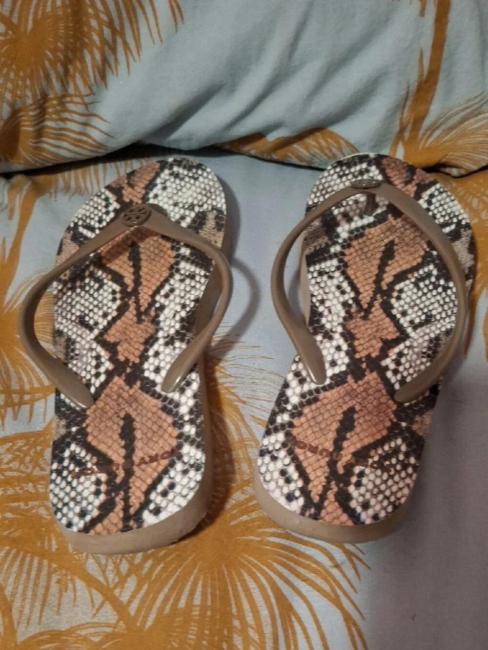 Tory Burch Brown Snake-Print Thong Sandals